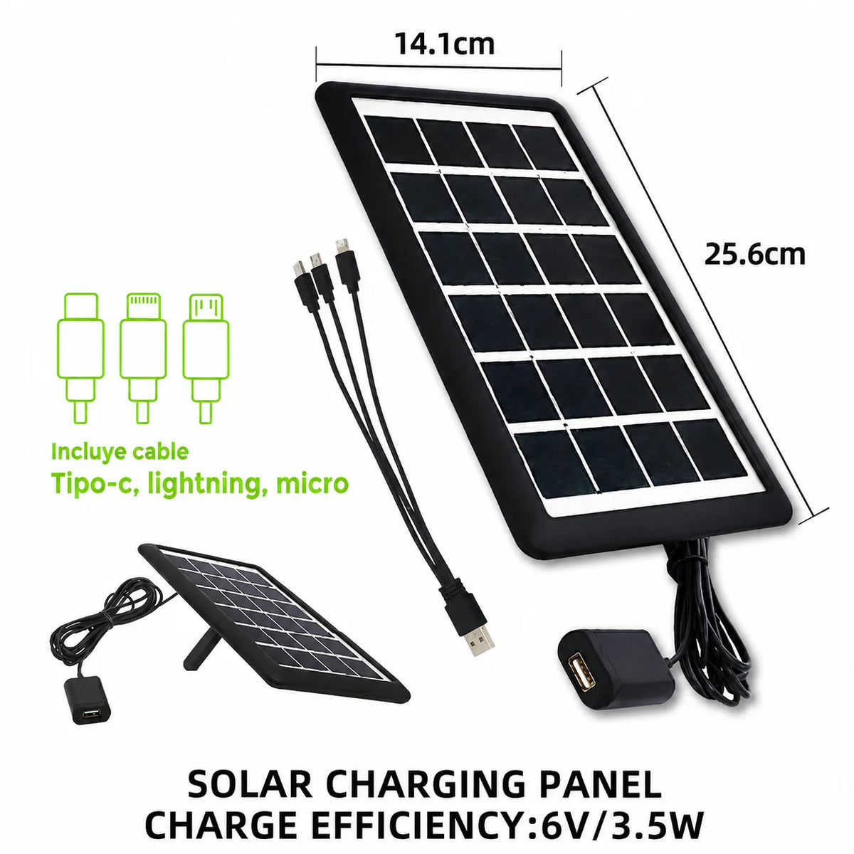 Painel Solar de Carregamento USB 6V 3.5W com Cabo Tipo-C, Lightning e Micro USB, Inclui Suporte