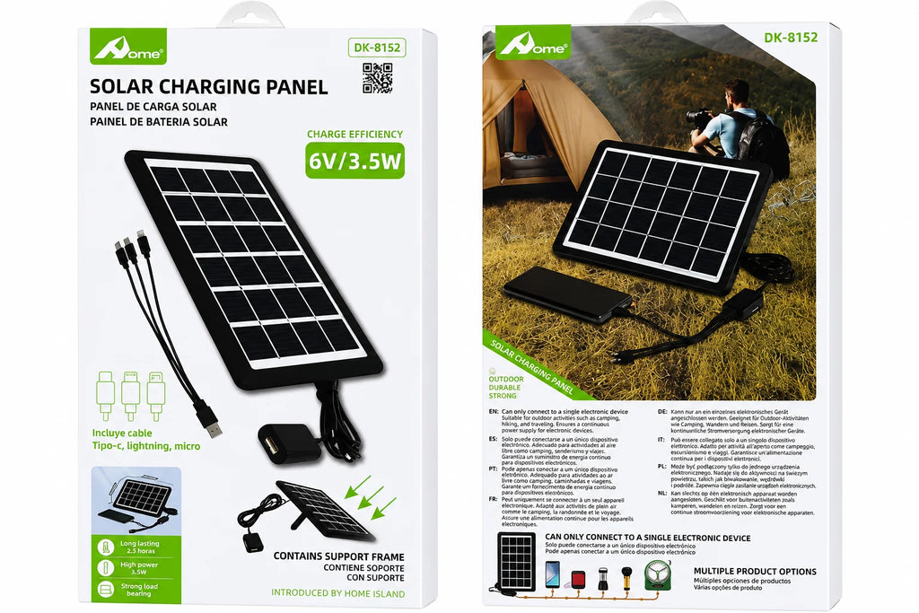 Painel Solar de Carregamento USB 6V 3.5W com Cabo Tipo-C, Lightning e Micro USB, Inclui Suporte