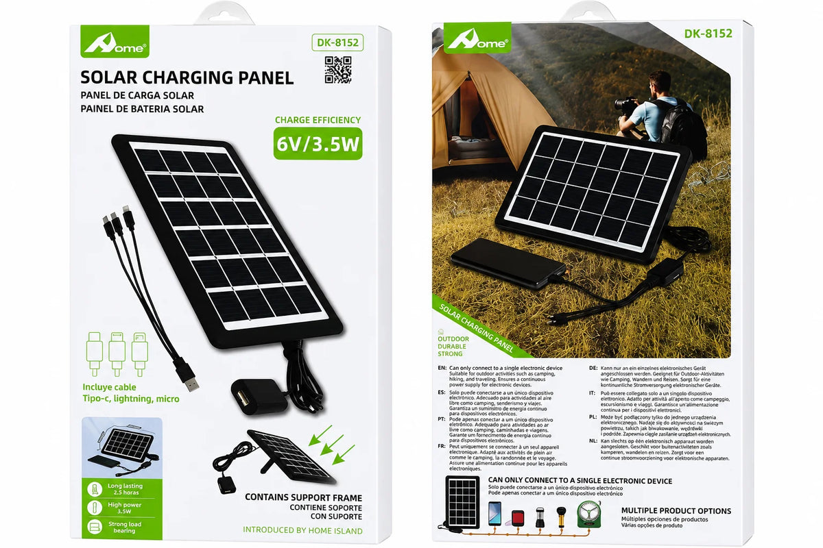 Painel Solar de Carregamento USB 6V 3.5W com Cabo Tipo-C, Lightning e Micro USB, Inclui Suporte