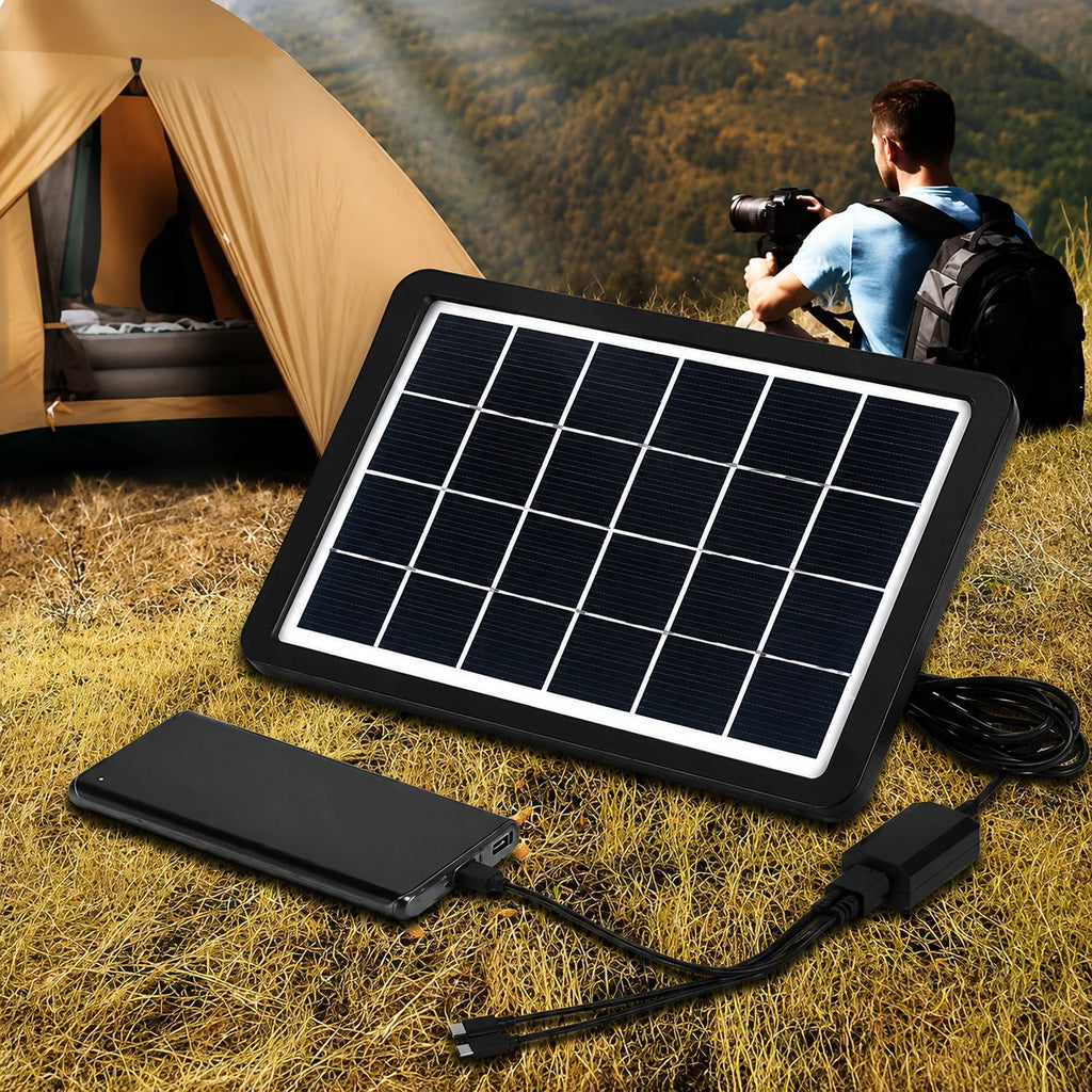 Painel Solar de Carregamento USB 6V 3.5W com Cabo Tipo-C, Lightning e Micro USB, Inclui Suporte