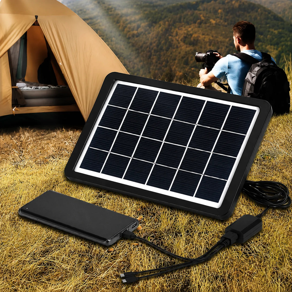 Painel Solar de Carregamento USB 6V 3.5W com Cabo Tipo-C, Lightning e Micro USB, Inclui Suporte
