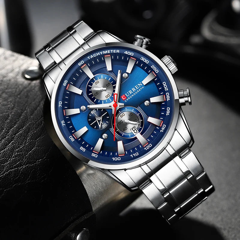 Relógio Curren Dial Azul Quartzo Cronógrafo Esporte Aço Inoxidável