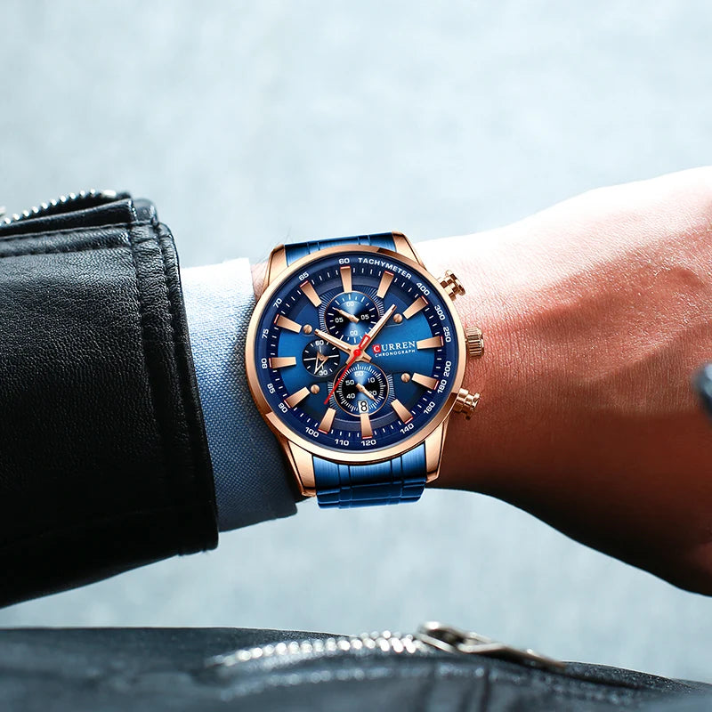 Relógio Curren Dial Azul Quartzo Cronógrafo Esporte Aço Inoxidável