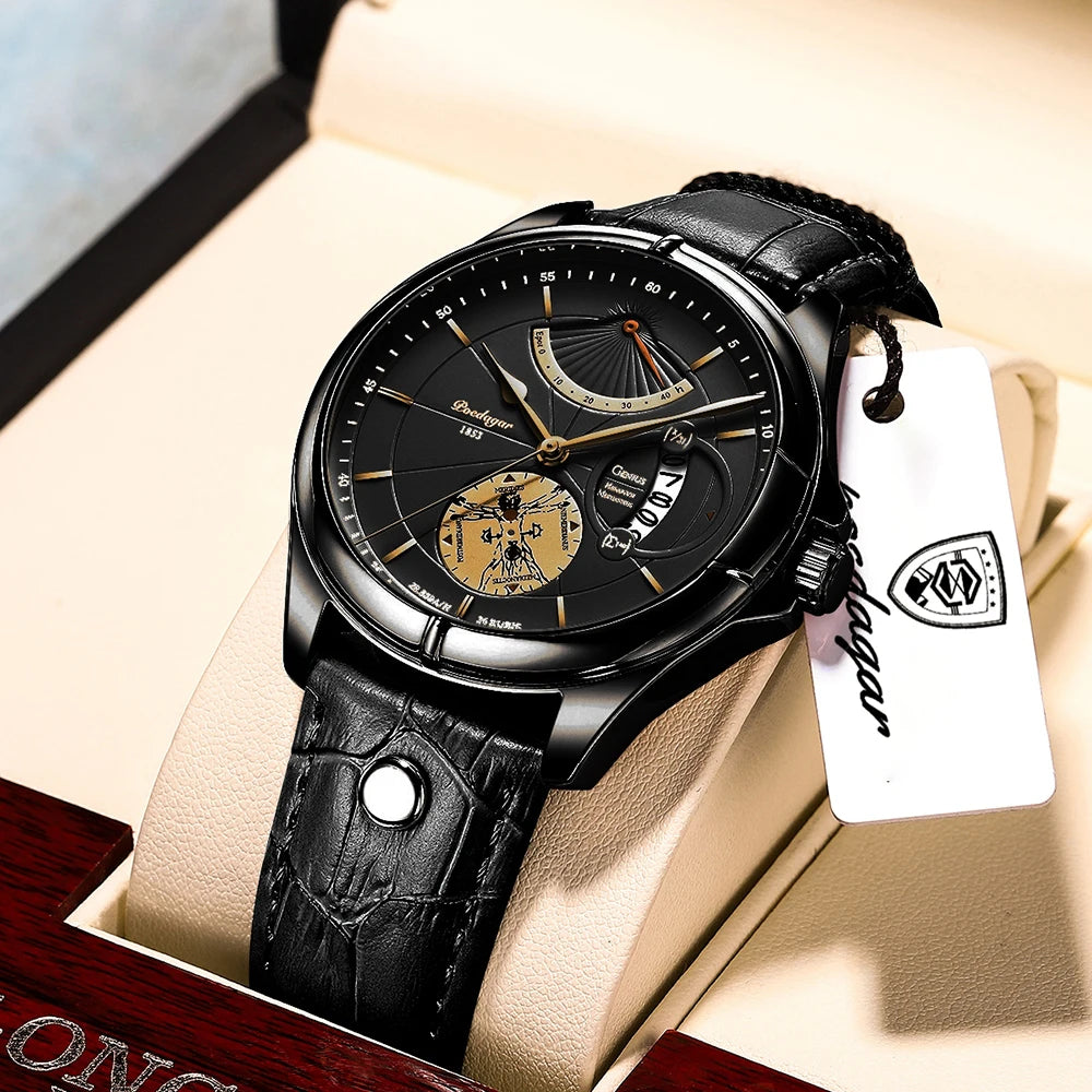 Relógio Poedagar Mod 802 quartzo, pulseira em Pele, impermeável