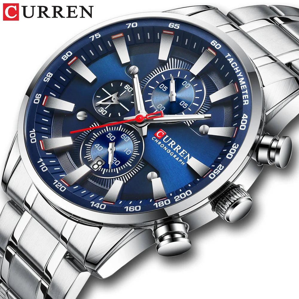 Relógio Curren Dial Azul Quartzo Cronógrafo Esporte Aço Inoxidável