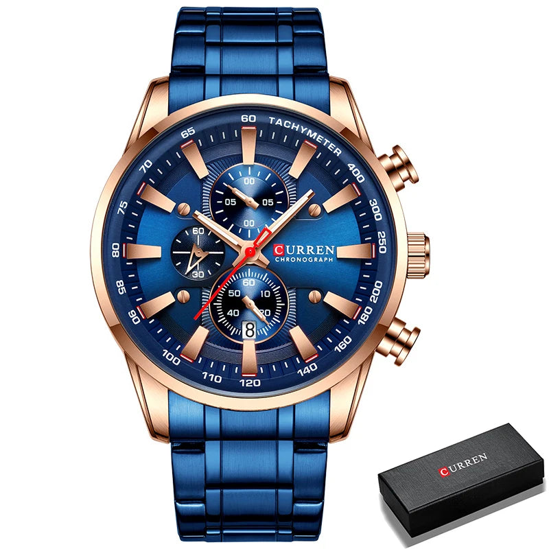 Relógio Curren Dial Azul Quartzo Cronógrafo Esporte Aço Inoxidável