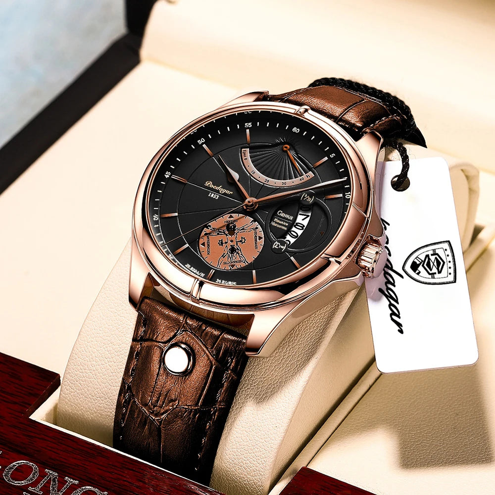 Relógio Poedagar Mod 802 quartzo, pulseira em Pele, impermeável