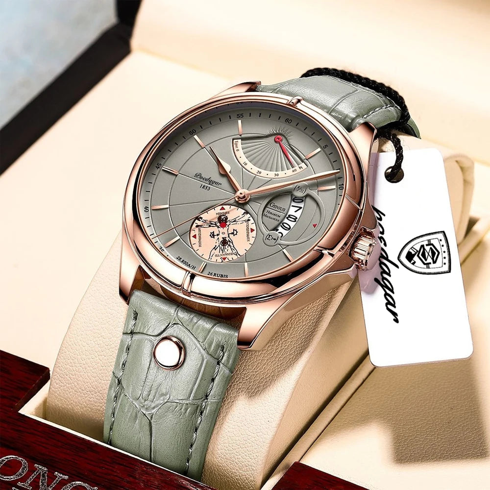 Relógio Poedagar Mod 802 quartzo, pulseira em Pele, impermeável