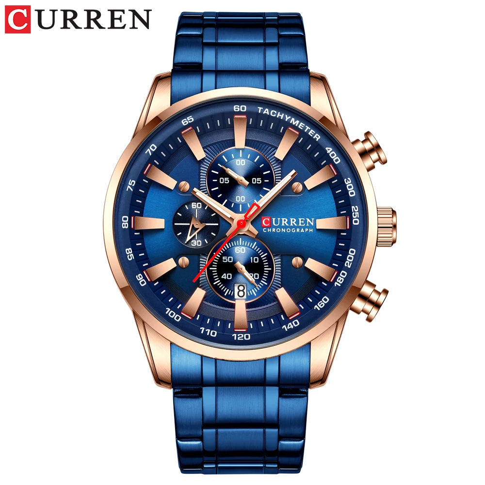 Relógio Curren Dial Azul Quartzo Cronógrafo Esporte Aço Inoxidável