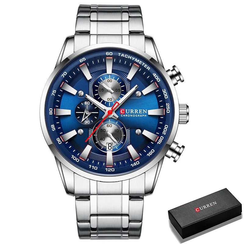 Relógio Curren Dial Azul Quartzo Cronógrafo Esporte Aço Inoxidável
