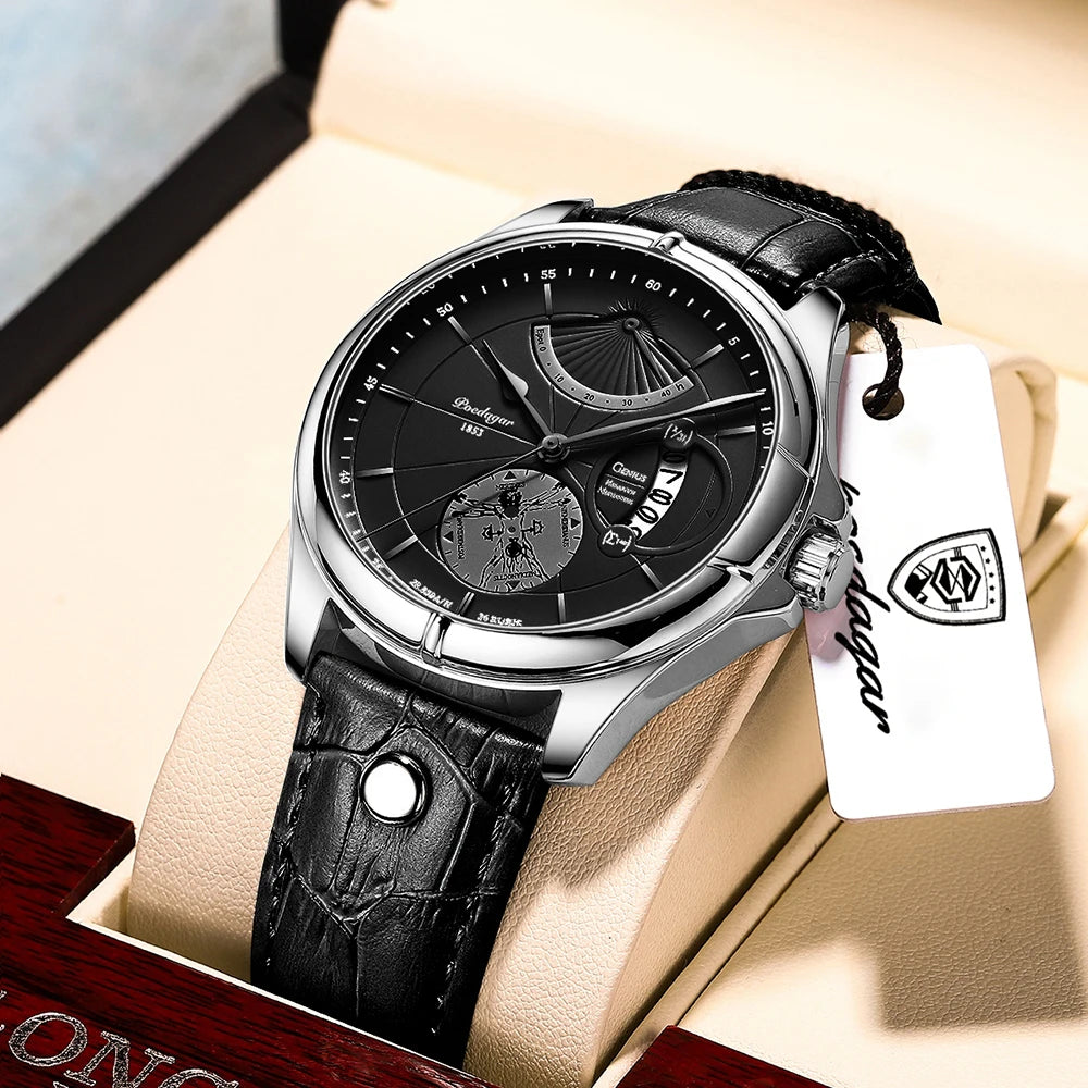 Relógio Poedagar Mod 802 quartzo, pulseira em Pele, impermeável