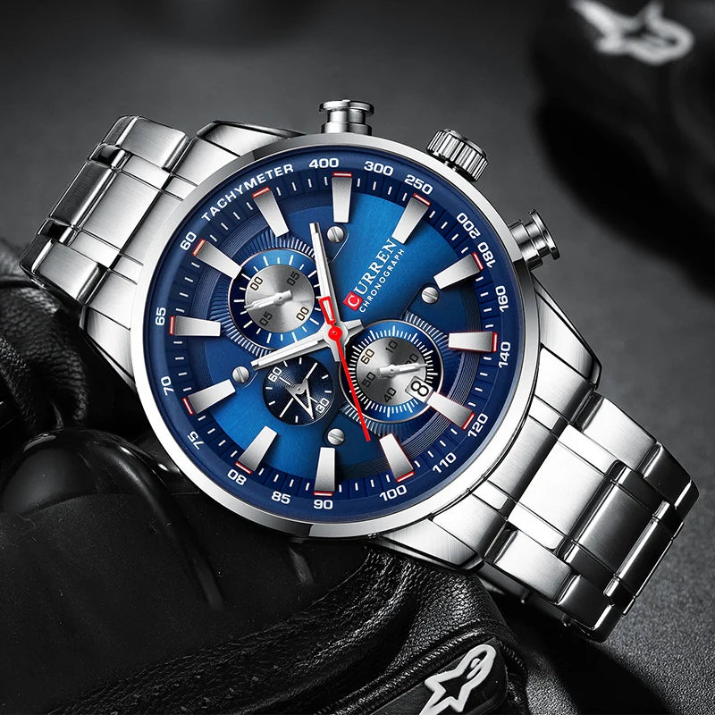Relógio Curren Dial Azul Quartzo Cronógrafo Esporte Aço Inoxidável