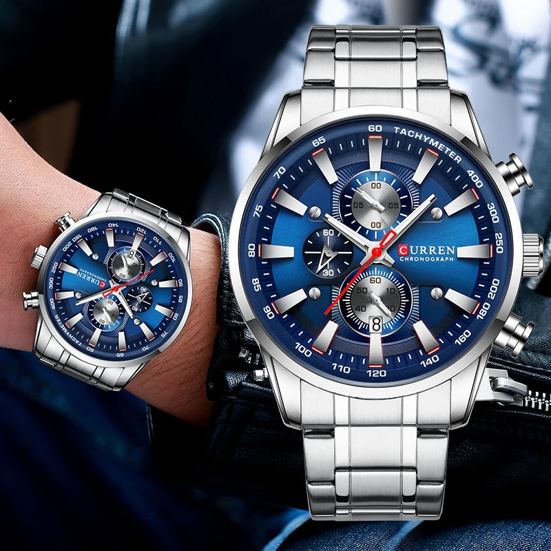 Relógio Curren Dial Azul Quartzo Cronógrafo Esporte Aço Inoxidável