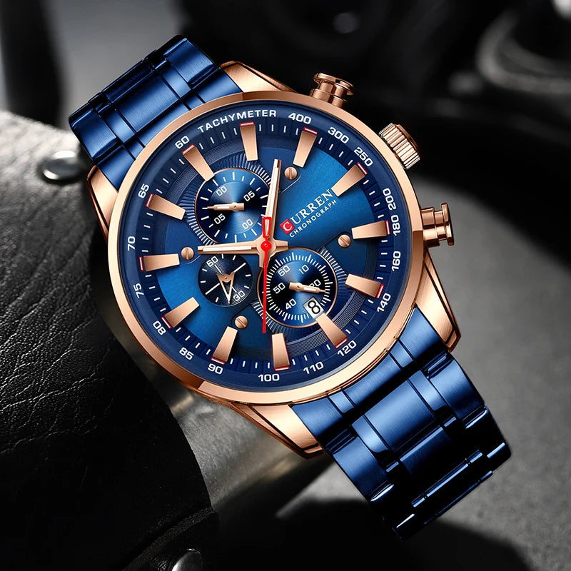 Relógio Curren Dial Azul Quartzo Cronógrafo Esporte Aço Inoxidável