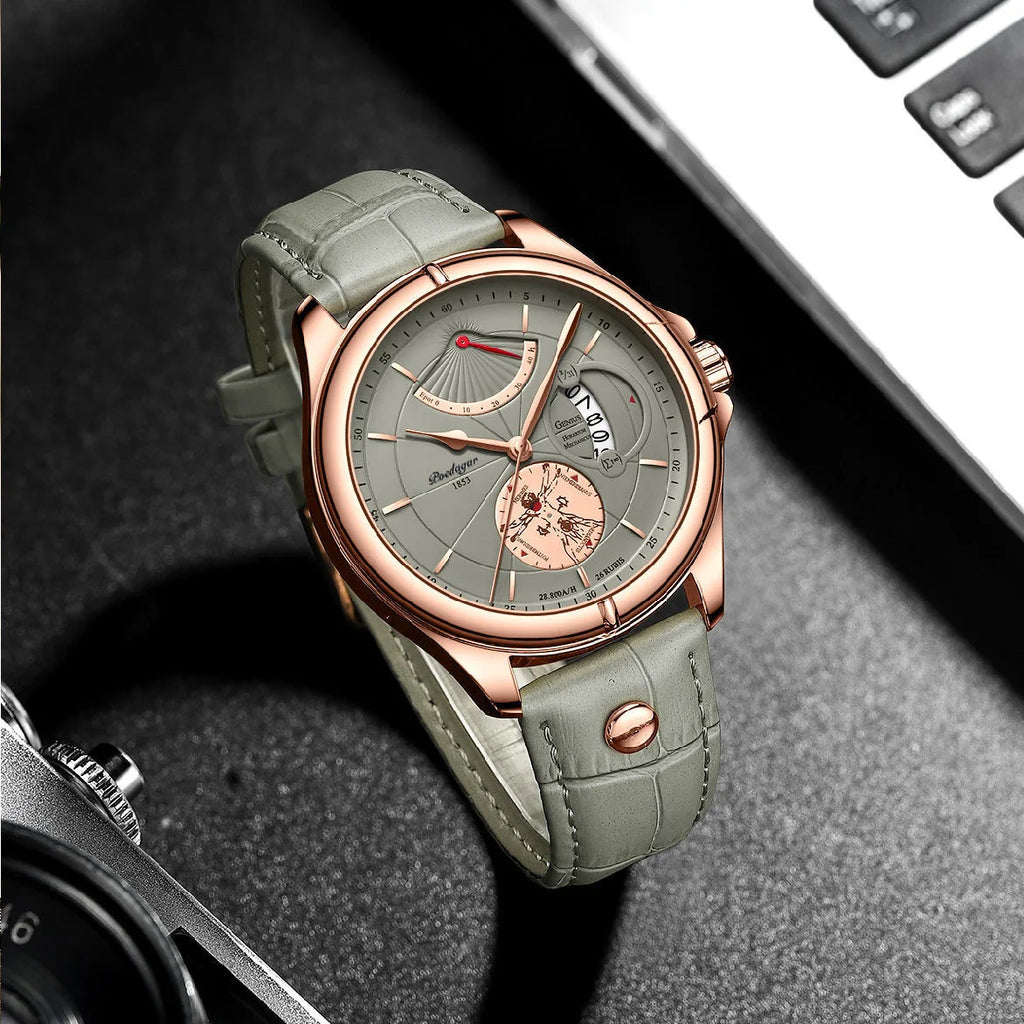 Relógio Poedagar Mod 802 quartzo, pulseira em Pele, impermeável