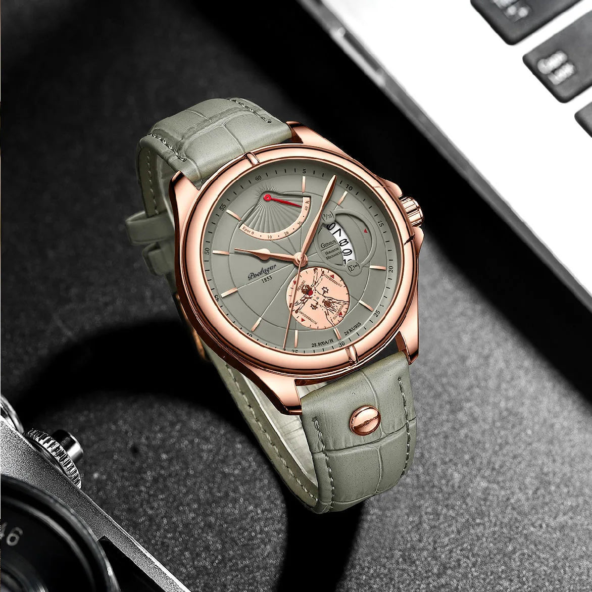 Relógio Poedagar Mod 802 quartzo, pulseira em Pele, impermeável