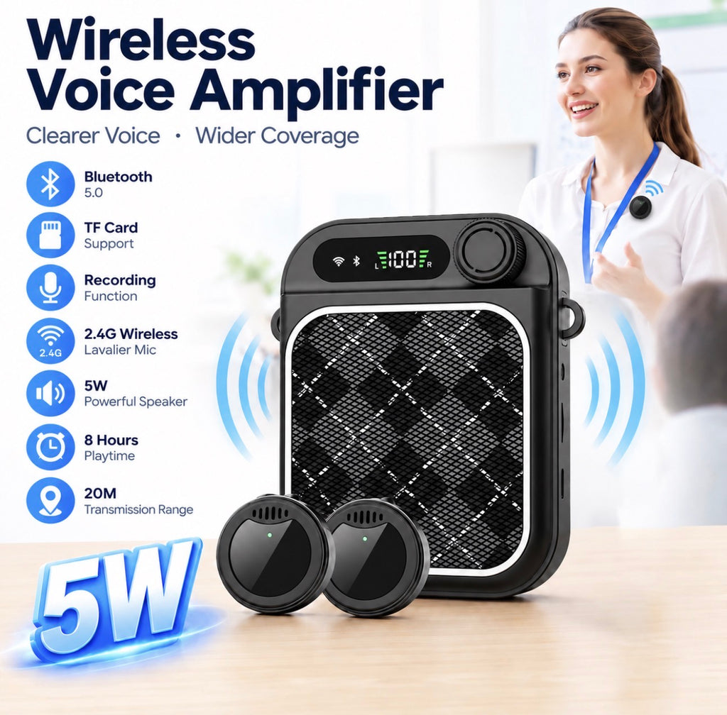 Amplificador de Voz 5W com 2 Microfones de Lapela Sem Fio Recarregável