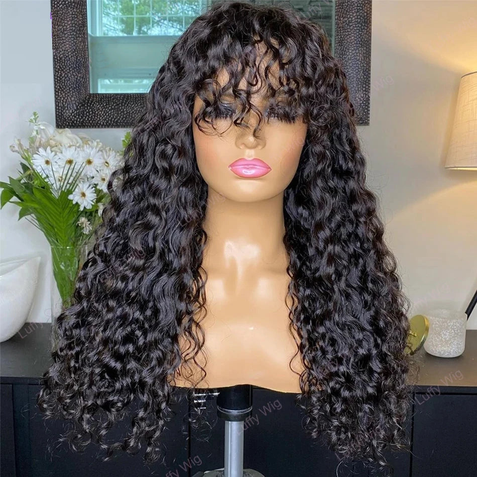 Peruca de Cabelo Humano Crespo Cacheado com Franja, Lace Front 3x1, Pronta para Usar