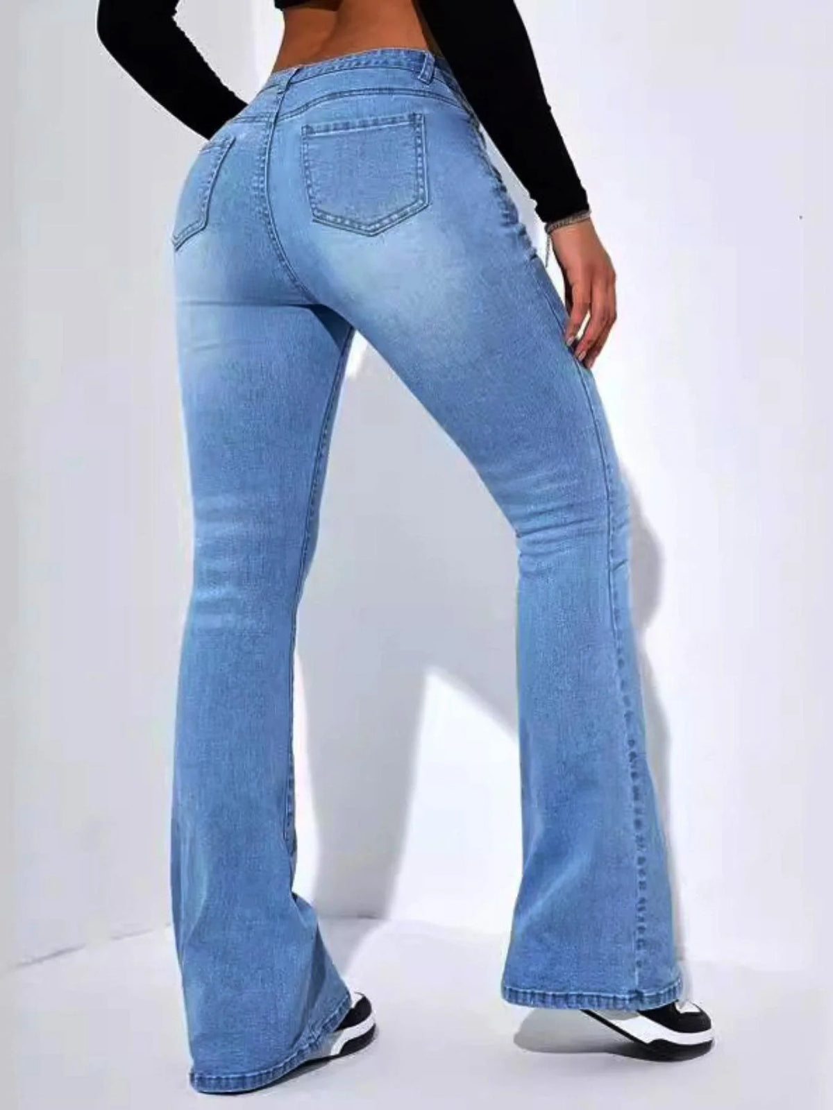 Calças Flare de Denim Elegantes e Estilosas para Mulheres com Bolso, Ajuste Casual para Todas as Estações