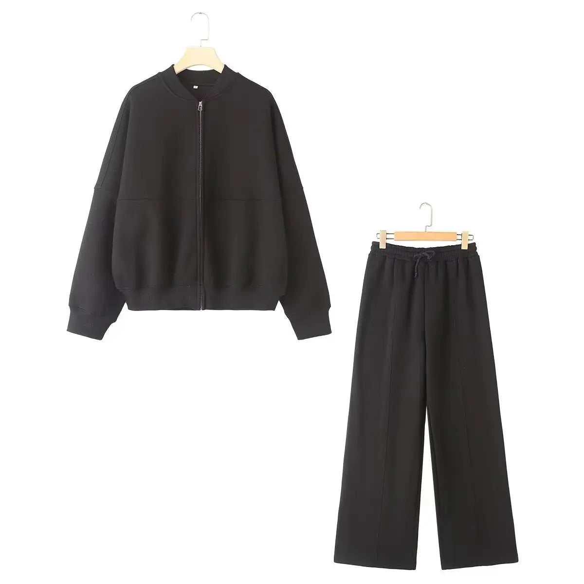 Conjunto Jaqueta Moletom + Cintura Alta Rendas até Calças de Perna Larga Street Wear
