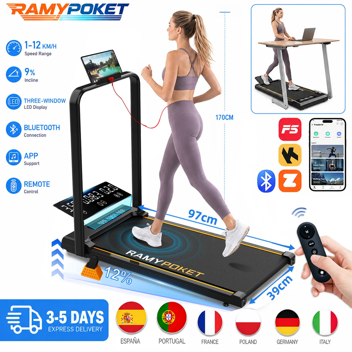 RAMYPOKET Passadeira dobravel com inclinacao de 12%, 1-12 km/h.2,5 HP 150 kg com controle