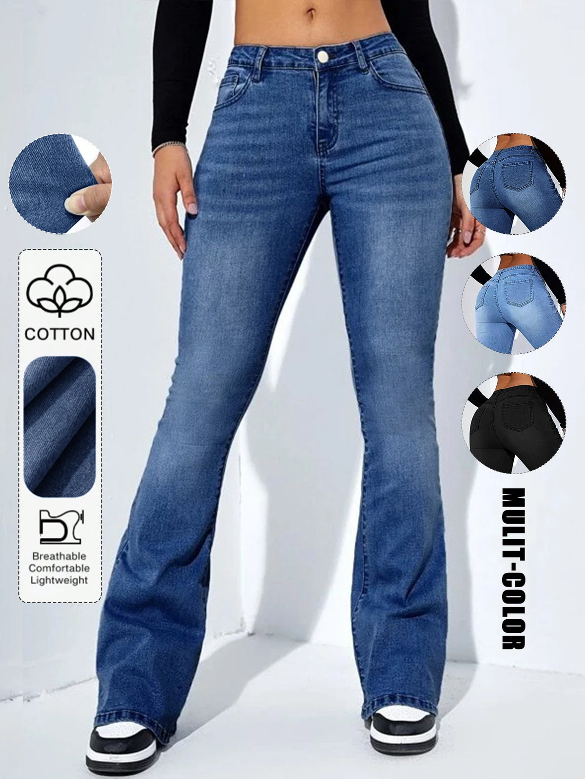 Calças Flare de Denim Elegantes e Estilosas para Mulheres com Bolso, Ajuste Casual para Todas as Estações