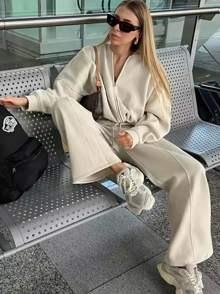 Conjunto Jaqueta Moletom + Cintura Alta Rendas até Calças de Perna Larga Street Wear