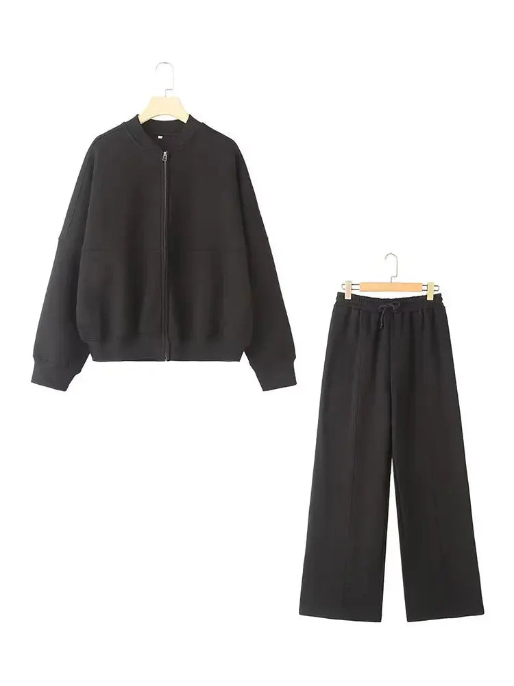 Conjunto Jaqueta Moletom + Cintura Alta Rendas até Calças de Perna Larga Street Wear