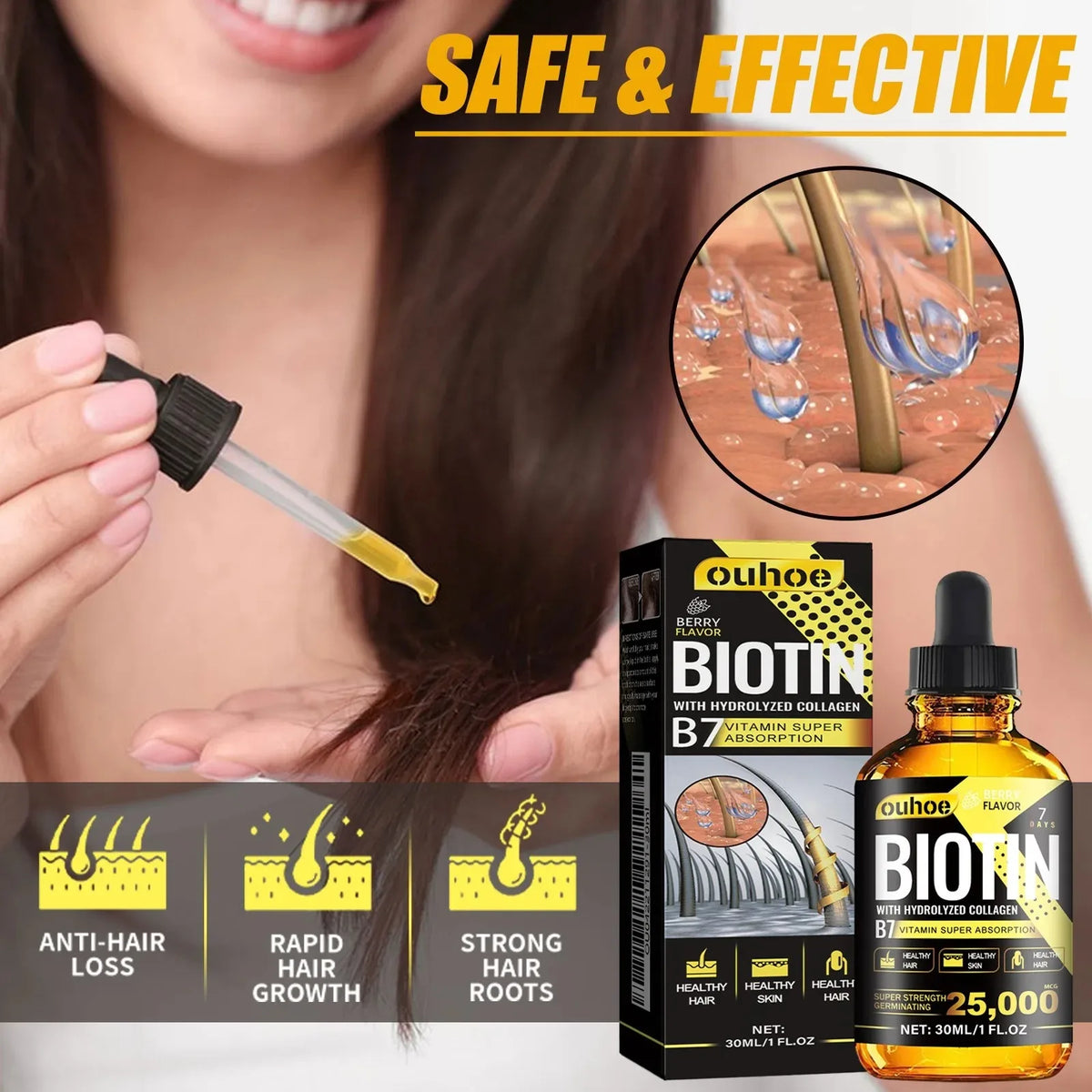 Óleo com Vitamina de Colágeno OUHOE B7 Ante Queda e Perda de Cabelos