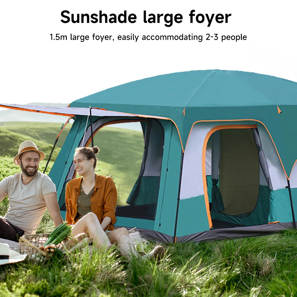 Tenda de Camping Tipo Tunnel para 3-12 Pessoas, com 2 Quartos, Proteção UV, Impermeável e Dobráve