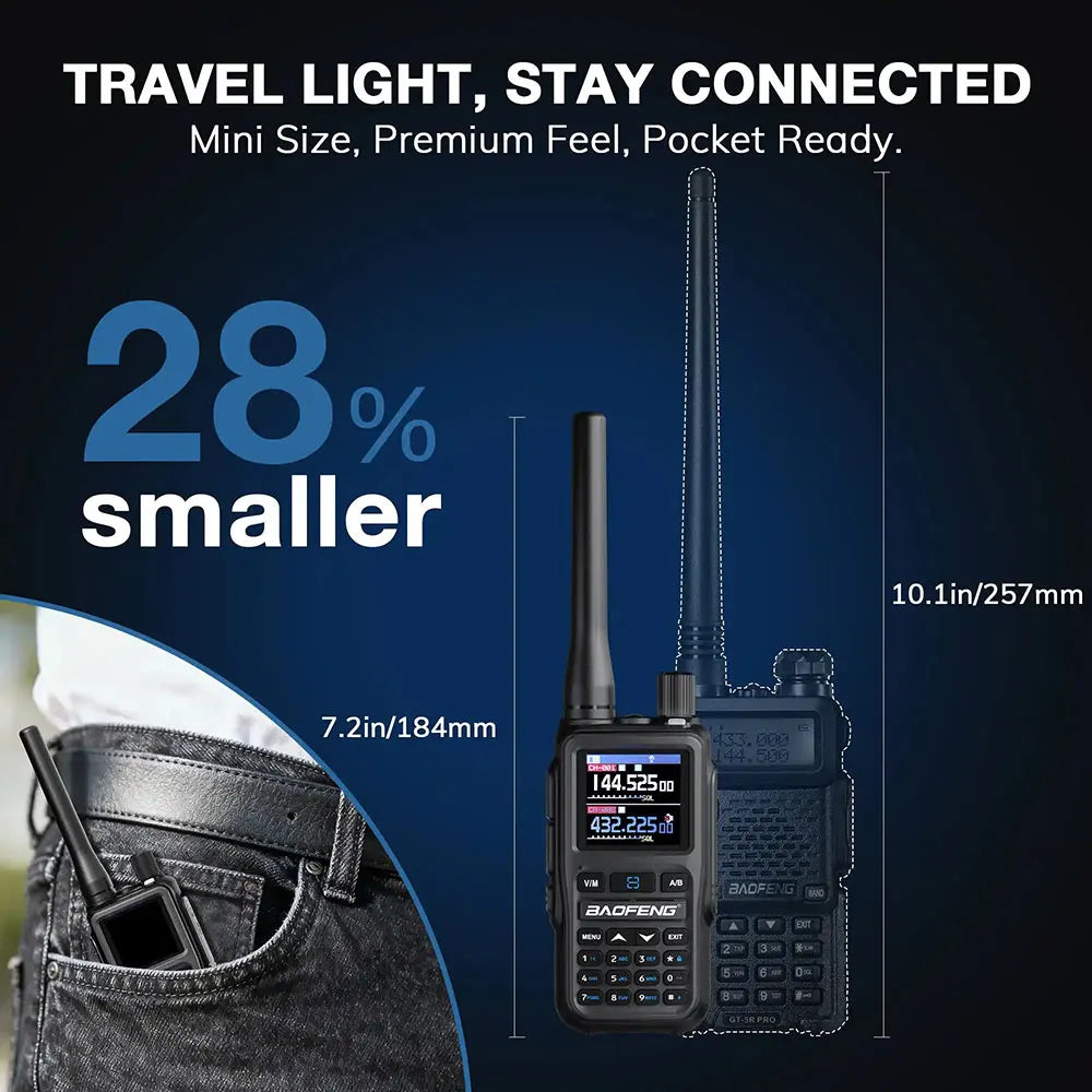 BAOFENG UV-5R Mini Walkie Talkie com Programação Bluetooth, Frequência Dual PTT, Tipo-C, AM FM