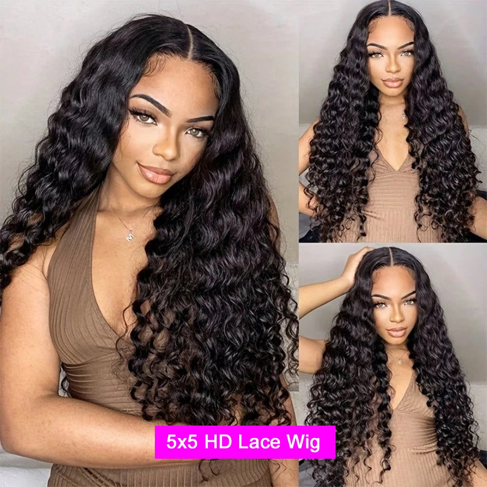 Perucas sem cola 5x5 de cabelo humano, prontas para usar, com ondas profundas, 13x4 13x6