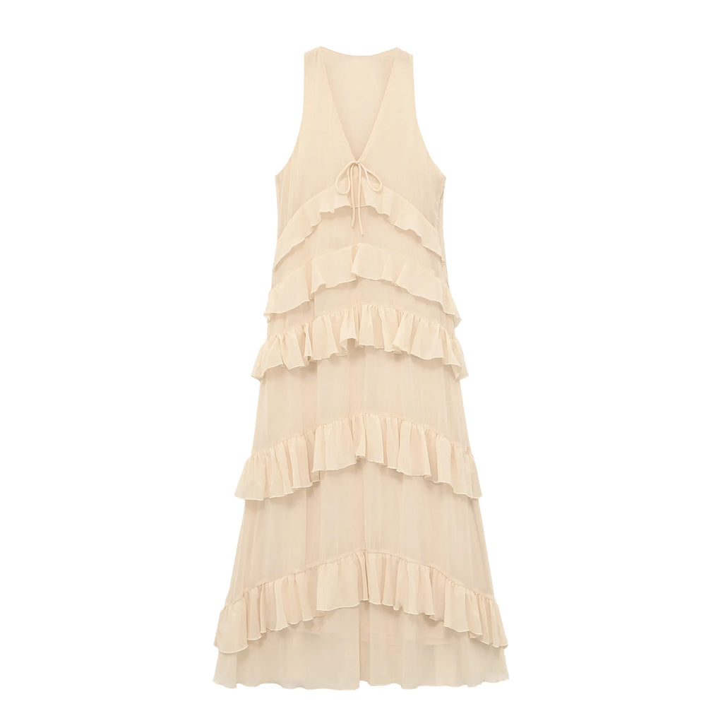 Vestido Midi, Vestido de Chiffon Sem Mangas com Decoração