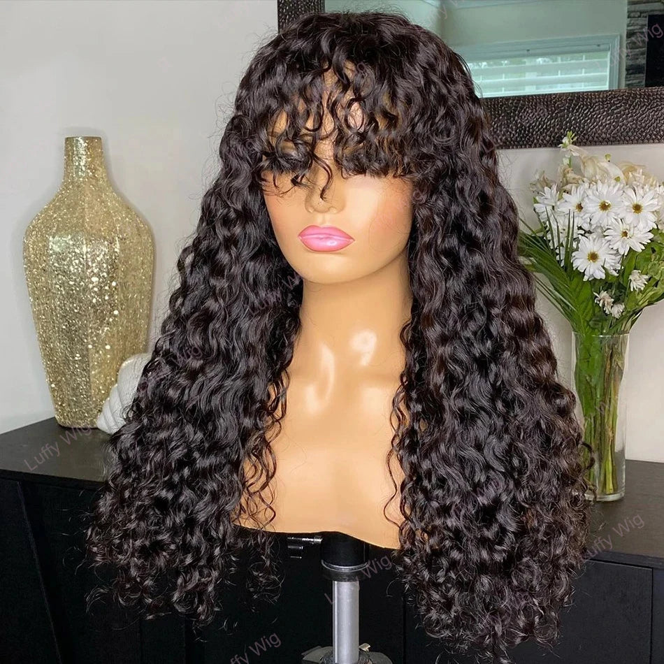 Peruca de Cabelo Humano Crespo Cacheado com Franja, Lace Front 3x1, Pronta para Usar
