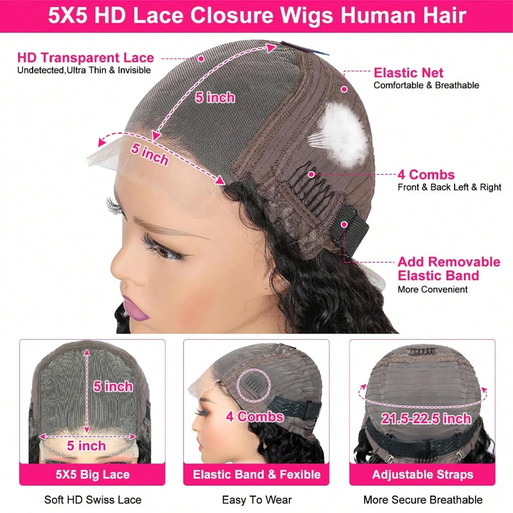 Perucas sem cola 5x5 de cabelo humano, prontas para usar, com ondas profundas, 13x4 13x6