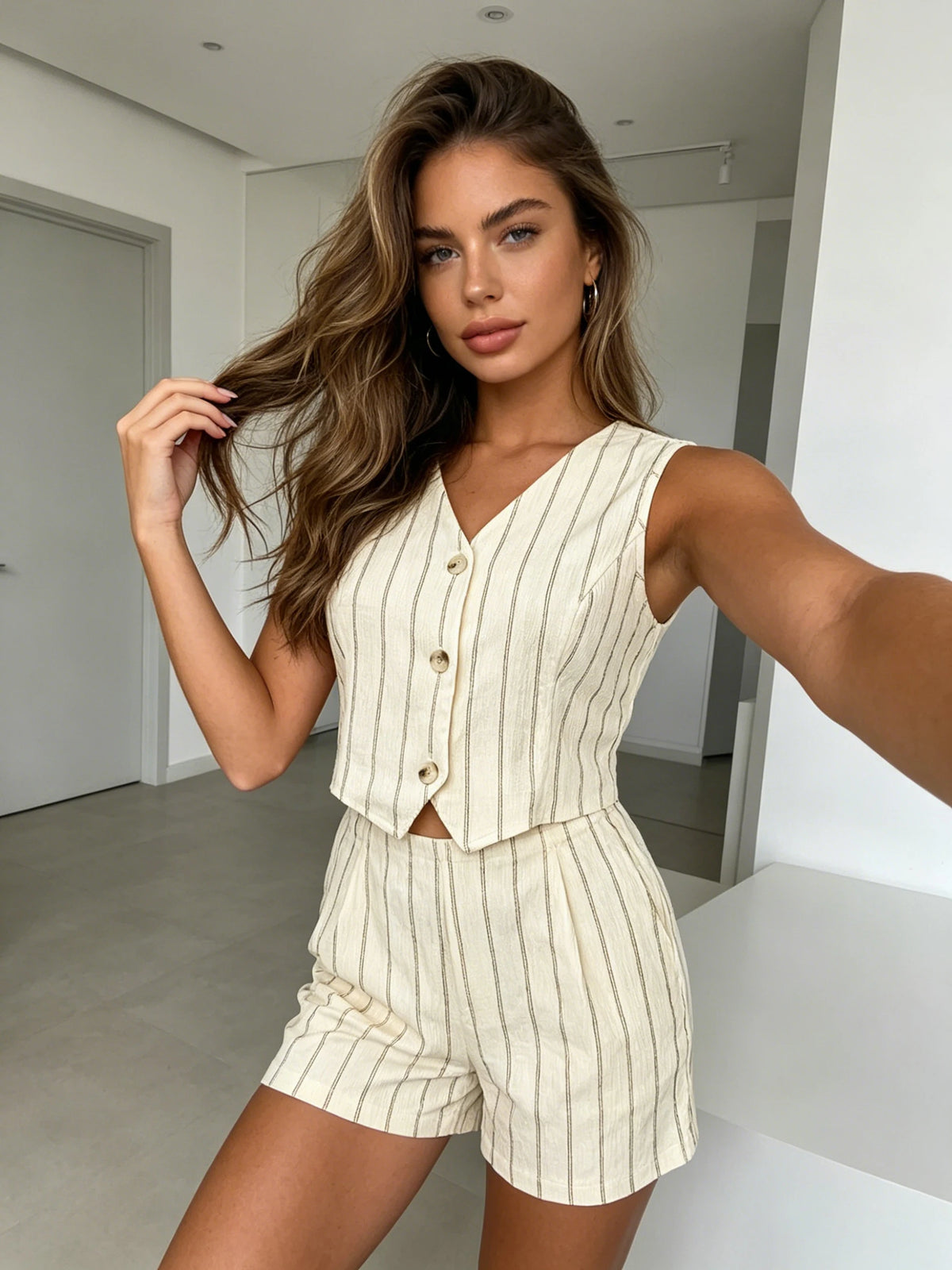 Conjunto Colete de Malha Texturizada e Calças de Perna Larga, Conjunto Casual Fashion