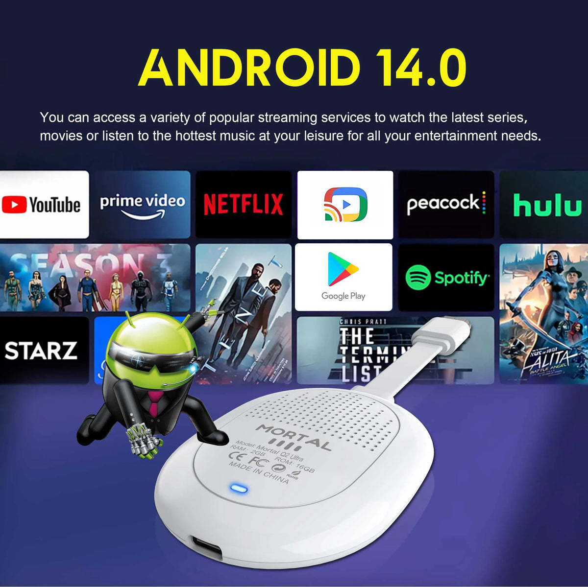 Chromecast Versão Global Android 14TV Stick Q2 Ultra 4K HDR Allwinner H313 Comando à Distância por voz BT5.X Chromecast Wifi 6 2G 16G