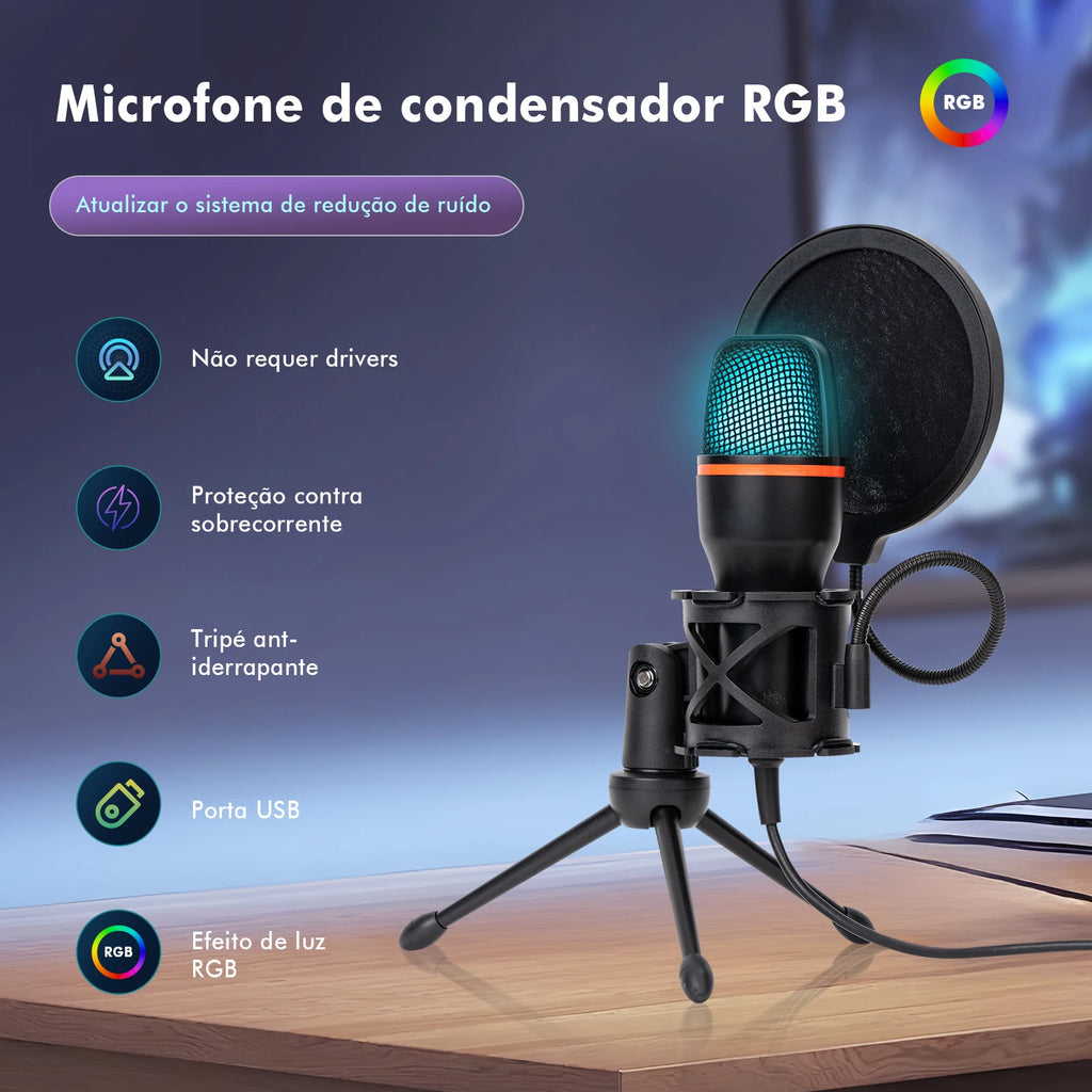 Microfone de Mesa RGB com Cancelamento Ativo de Ruído