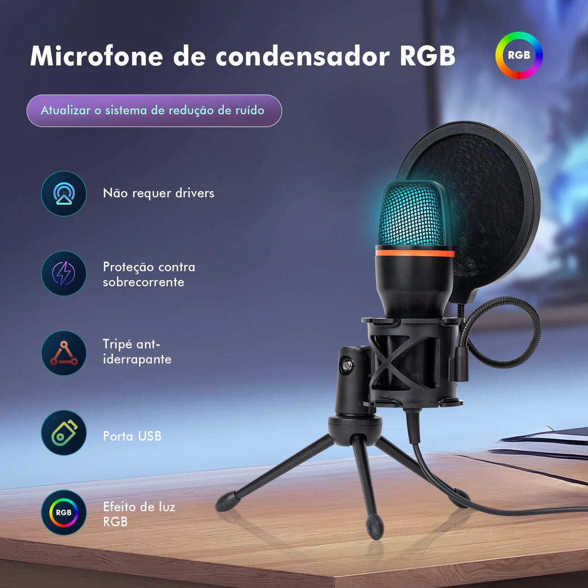 Microfone de Mesa RGB com Cancelamento Ativo de Ruído