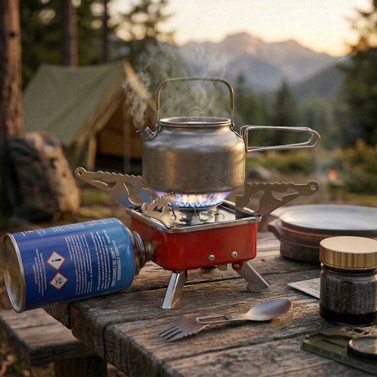 Mini Fogão a Gás Portátil para Camping, Fogareiro Dobrável a Cartucho de Butano, Queimador Compacto