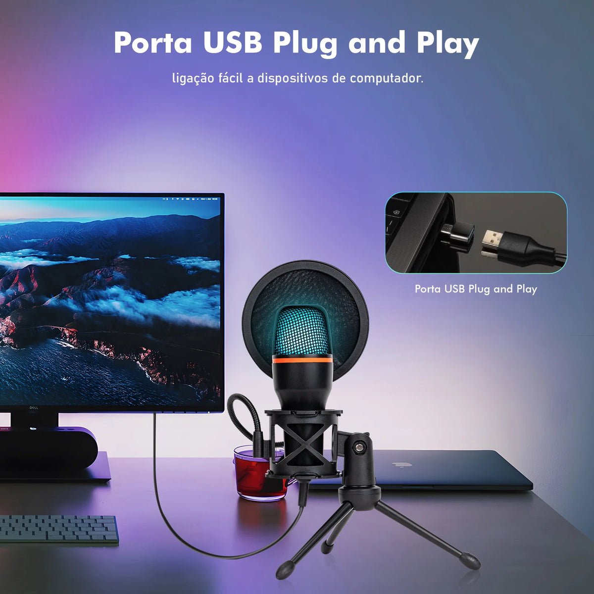 Microfone de Mesa RGB com Cancelamento Ativo de Ruído