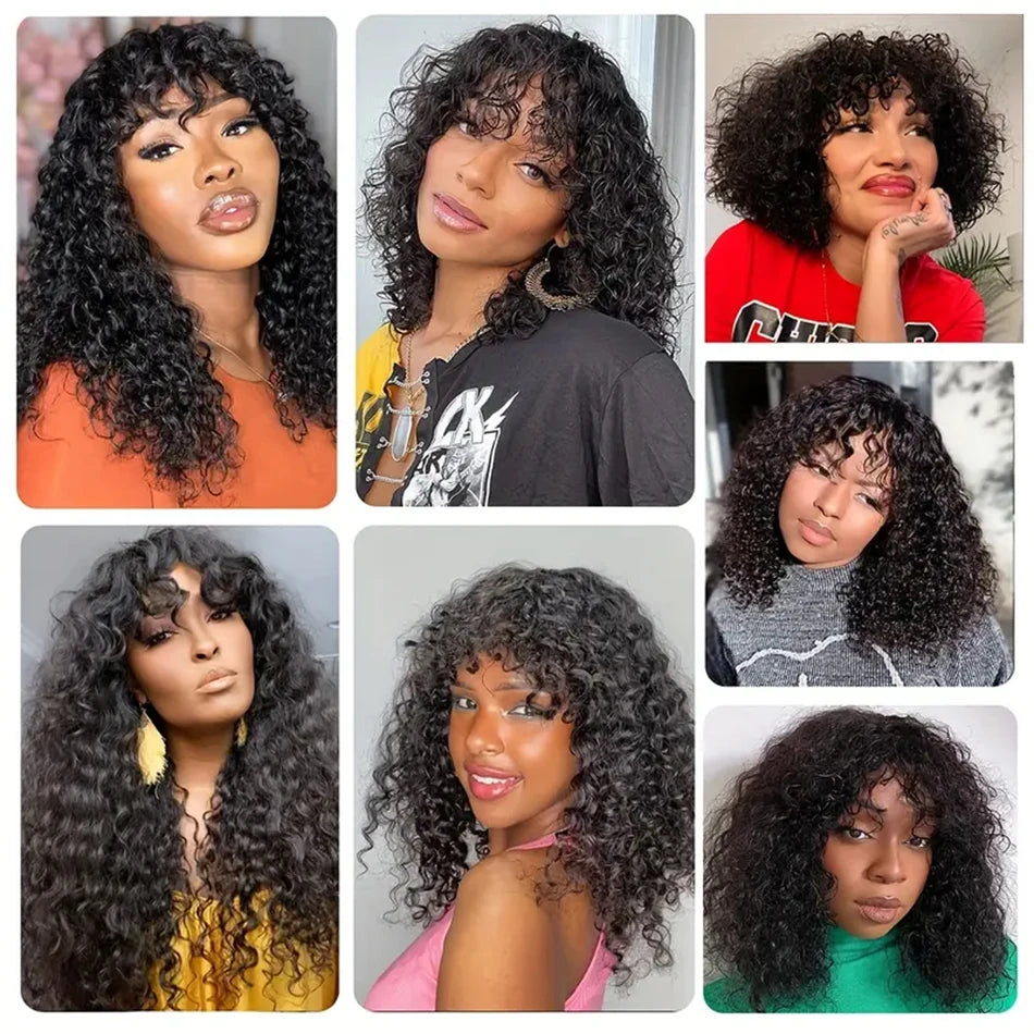Peruca de Cabelo Humano Crespo Cacheado com Franja, Lace Front 3x1, Pronta para Usar