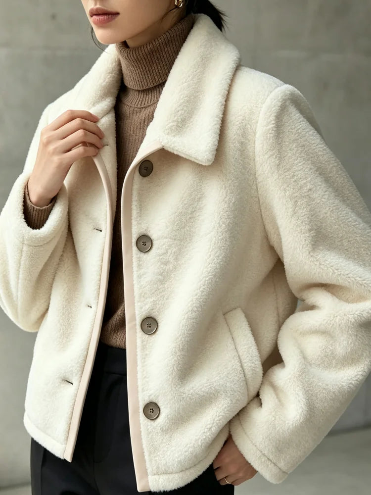 Casaco Teddy Feminino de Lã com Gola Lapela