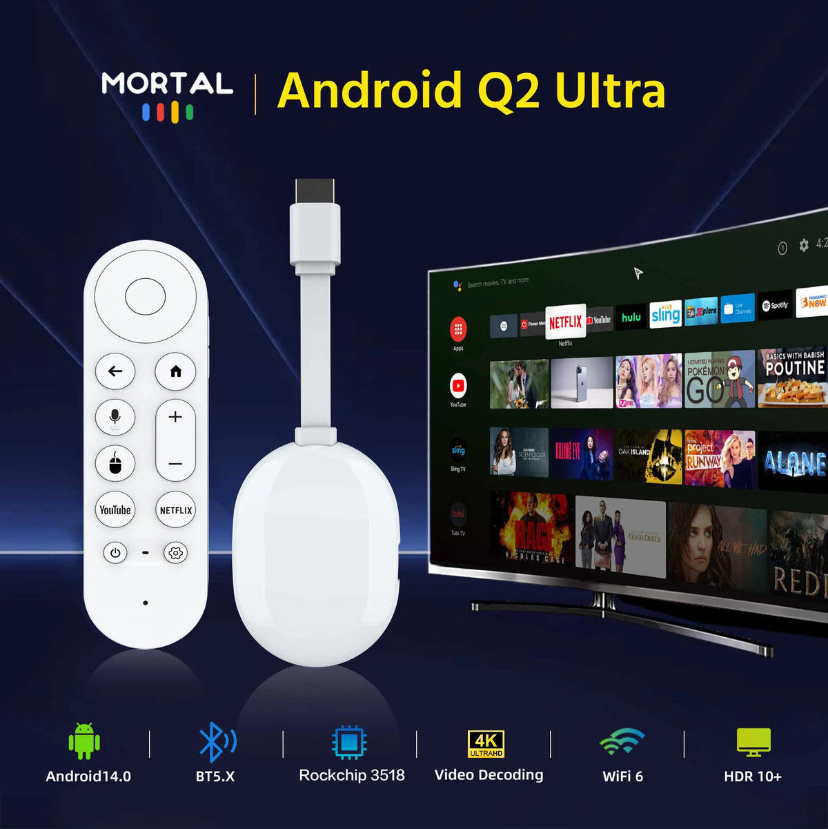 Chromecast Versão Global Android 14TV Stick Q2 Ultra 4K HDR Allwinner H313 Comando à Distância por voz BT5.X Chromecast Wifi 6 2G 16G