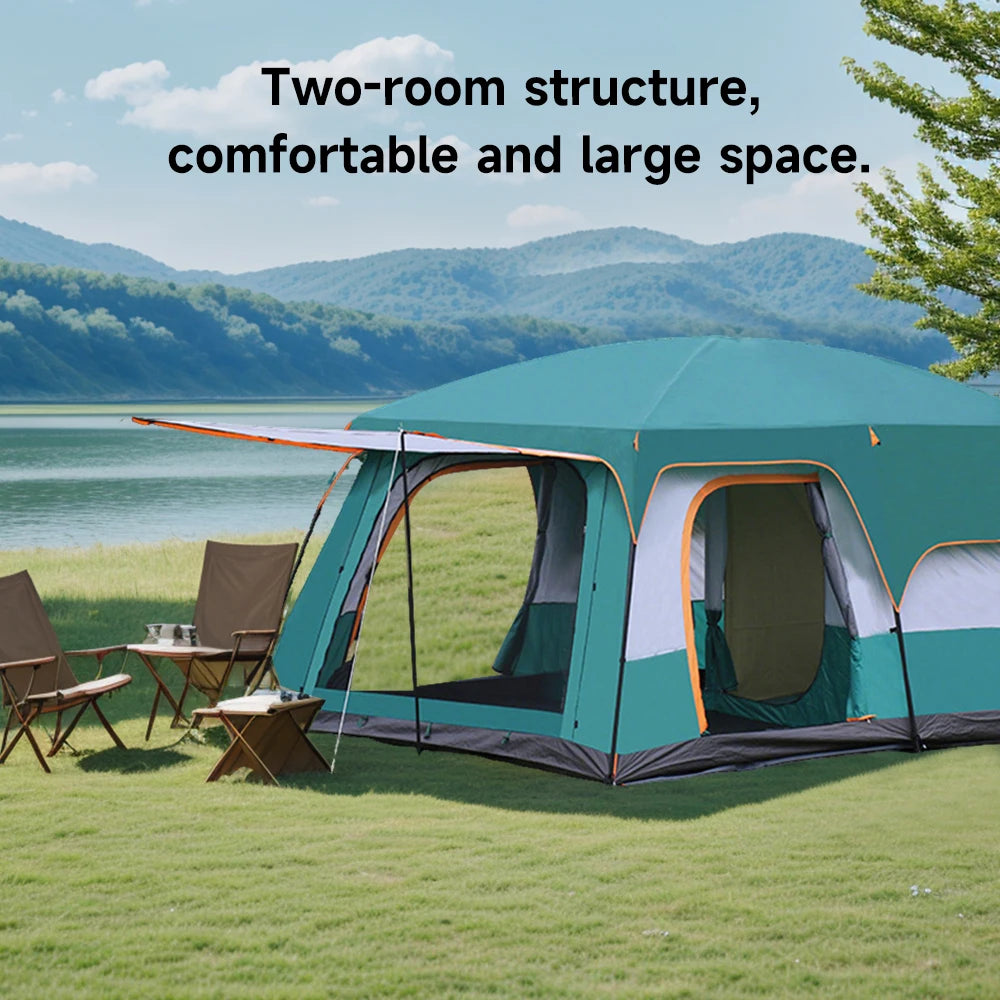 Tenda de Camping Tipo Tunnel para 3-12 Pessoas, com 2 Quartos, Proteção UV, Impermeável e Dobráve