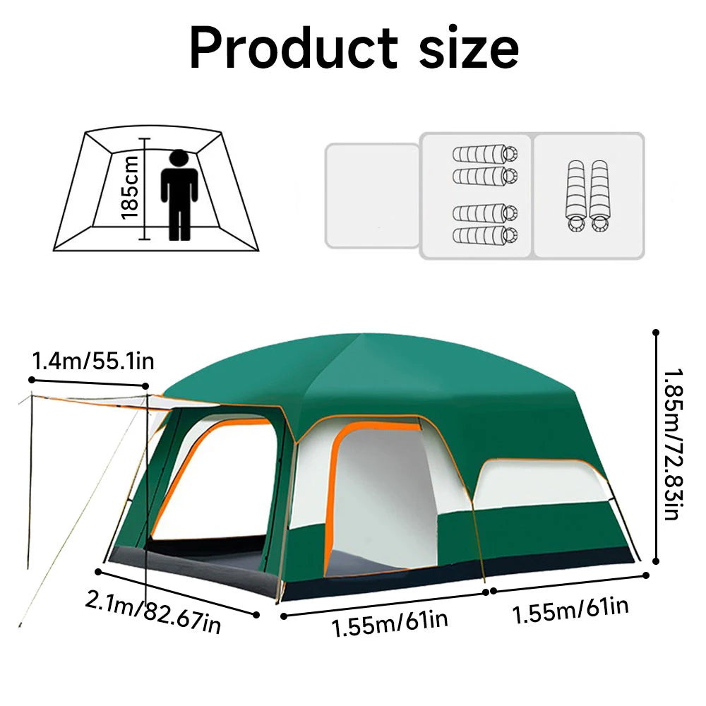 Tenda de Camping Tipo Tunnel para 3-12 Pessoas, com 2 Quartos, Proteção UV, Impermeável e Dobráve