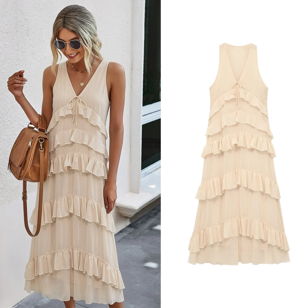 Vestido Midi, Vestido de Chiffon Sem Mangas com Decoração
