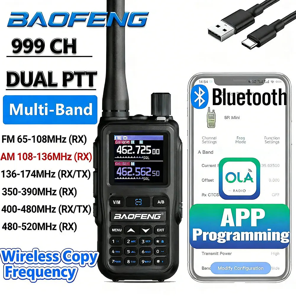 BAOFENG UV-5R Mini Walkie Talkie com Programação Bluetooth, Frequência Dual PTT, Tipo-C, AM FM