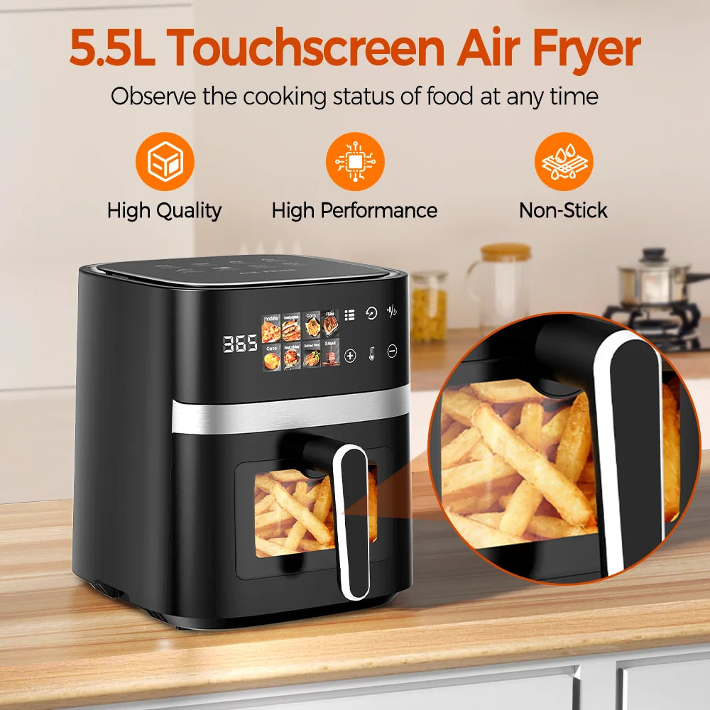 Fritadeira a Ar 5.5L 8-em-1 Max 200 ° Fritadeira Elétrica Sem Óleo com Controle por Toque