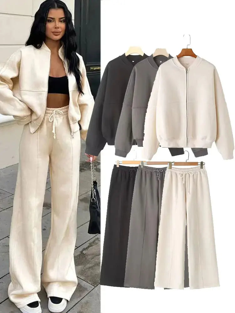Conjunto Jaqueta Moletom + Cintura Alta Rendas até Calças de Perna Larga Street Wear